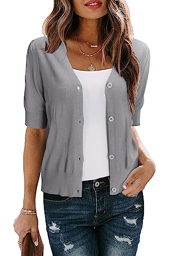 Arach&Cloz Bolero Strickjacke Damen Festlich Elegant Sommer Kurzarm Cardigan Leicht Knöpfe Bolerojacke Top für Kleid (Grey, XL) von Arach&Cloz