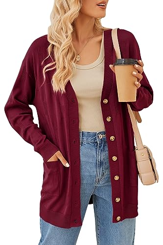 Arach&Cloz Strickjacke Damen Lang Cardigan Leichte Strickmantel Longstrickjacke Open Front Knöpfe mit Taschen (Wine,XL) von Arach&Cloz