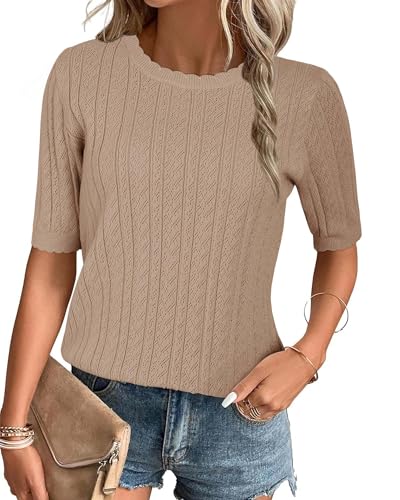 Arach&Cloz Damen 2024 Sommer Pullover Frühling Tops Kurzarm Casual Blusen Rundhals Stricken Shirt(Aprikose,L) von Arach&Cloz