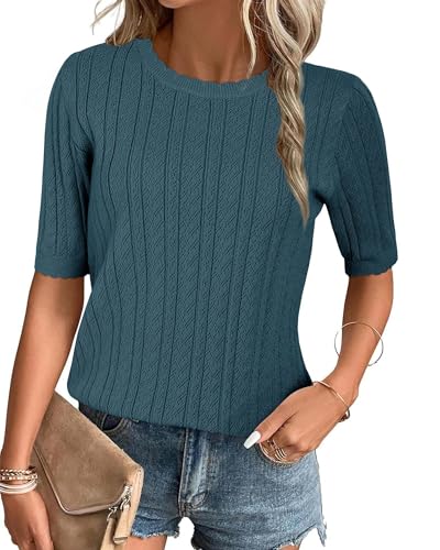 Arach&Cloz Damen 2024 Sommer Pullover Frühling Tops Kurzarm Casual Blusen Rundhals Stricken Shirt(Blau,L) von Arach&Cloz