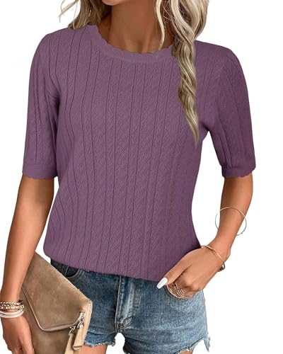 Arach&Cloz Damen 2024 Sommer Pullover Frühling Tops Kurzarm Casual Blusen Rundhals Stricken Shirt(Grau Lila,L) von Arach&Cloz