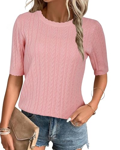 Arach&Cloz Damen 2024 Sommer Pullover Frühling Tops Kurzarm Casual Blusen Rundhals Stricken Shirt(Rosa,M) von Arach&Cloz