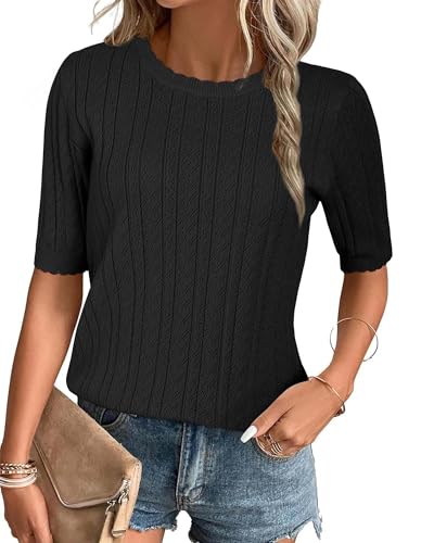 Arach&Cloz Damen 2024 Sommer Pullover Frühling Tops Kurzarm Casual Blusen Rundhals Stricken Shirt(Schwarz,L) von Arach&Cloz