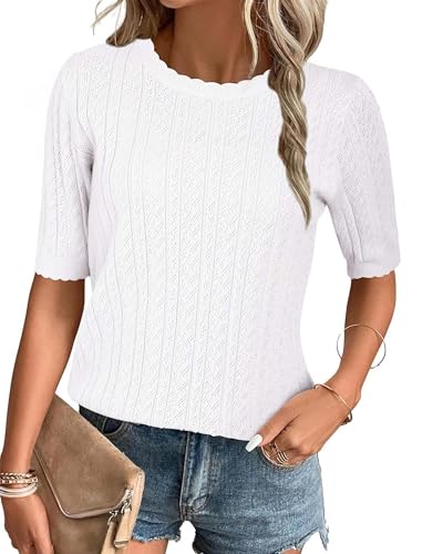 Arach&Cloz Damen 2024 Sommer Pullover Frühling Tops Kurzarm Casual Blusen Rundhals Stricken Shirt(Weiß,L) von Arach&Cloz