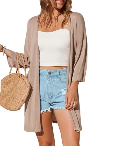 Arach&Cloz Damen 2025 Strickjacke Lang Leicht Casual 3/4 Ärmel Open Front Cardigan Sommer Kleid Strand Cover Up (Aprikose,XL) von Arach&Cloz
