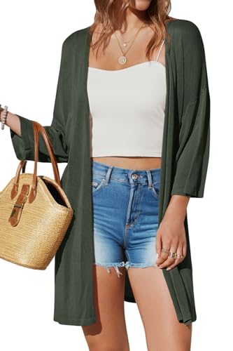 Arach&Cloz Damen 2025 Strickjacke Lang Leicht Casual 3/4 Ärmel Open Front Cardigan Sommer Kleid Strand Cover Up (Armeegrün,L) von Arach&Cloz