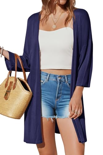Arach&Cloz Damen 2025 Strickjacke Lang Leicht Casual 3/4 Ärmel Open Front Cardigan Sommer Kleid Strand Cover Up (Marine,XL) von Arach&Cloz