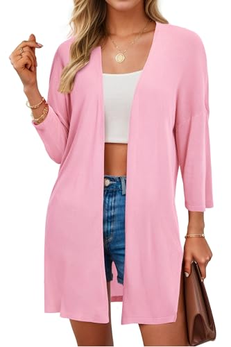 Arach&Cloz Damen 2024 Strickjacke Lang Leicht Casual 3/4 Ärmel Open Front Cardigan Sommer Strand Cover Up(Rosa,L) von Arach&Cloz