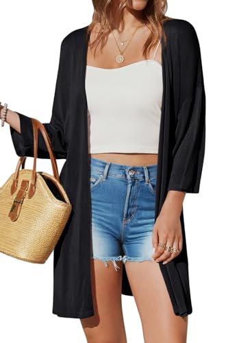 Arach&Cloz Damen 2025 Strickjacke Lang Leicht Casual 3/4 Ärmel Open Front Cardigan Sommer Kleid Strand Cover Up (Schwarz,S) von Arach&Cloz