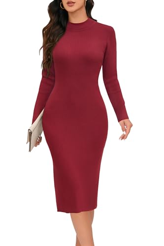 Arach&Cloz Damen Herbst Pullover Kleid Langarm Rollkragen Gerippt Slim Fit Schlitz Gestrickt Winter Midi Kleid Trendy 2024 von Arach&Cloz
