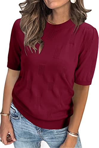 Arach&Cloz Pullover Damen Kurzarm Sommer Herbst Strickpullover Elegant Rundhals Sweatshirt Tops Oberteile Pulli (Burgundy,S) von Arach&Cloz
