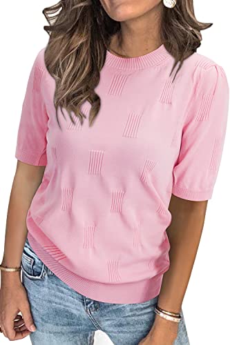 Arach&Cloz Pullover Damen Kurzarm Strickpullover Elegant Rundhals Frühling Sommer Sweatshirt Tops Oberteile Pulli (Pink,S) von Arach&Cloz