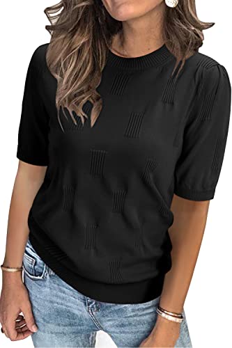 Arach&Cloz Pullover Damen Kurzarm Sommer Herbst Strickpullover Elegant Rundhals Sweatshirt Tops Oberteile Pulli (Schwarz,M) von Arach&Cloz