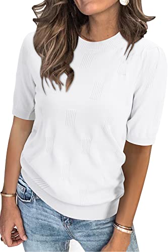 Arach&Cloz Pullover Damen Kurzarm Sommer Herbst Strickpullover Elegant Rundhals Weiß Sweatshirt Tops Oberteile Pulli (S) von Arach&Cloz