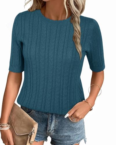 Arach&Cloz Pullover Damen Kurzarm Herbst Winter Herbst Strickpullover Stricken Shirt Casual Rundhals Bluse Tops(Blau,S) von Arach&Cloz