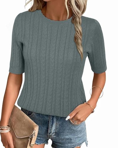 Arach&Cloz Pullover Damen Kurzarm Herbst Winter Herbst Strickpullover Stricken Shirt Casual Rundhals Bluse Tops(Grey Green,XXL) von Arach&Cloz