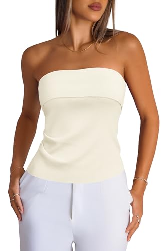 Arach&Cloz Damen Silk Blend Tube Top Ruched Weiß Trägerloses Bandeau Top Schulterfrei Röhrenoberteil Going Out Outfits M von Arach&Cloz