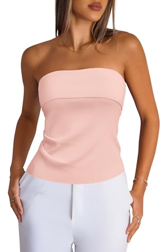 Arach&Cloz Damen Silk Blend Tube Top Sommer Bluse Ruched Trägerloses Bandeau Tank Tops Schulterfrei Oberteil Outfits Light Pink S von Arach&Cloz