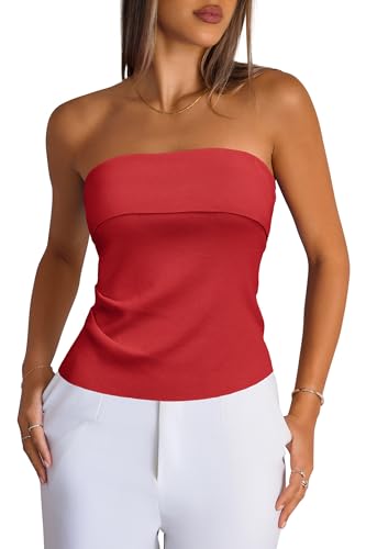 Arach&Cloz Damen Silk Blend Tube Top Sommer Bluse Ruched Trägerloses Bandeau Tank Tops Schulterfrei Oberteil Outfits Red L von Arach&Cloz