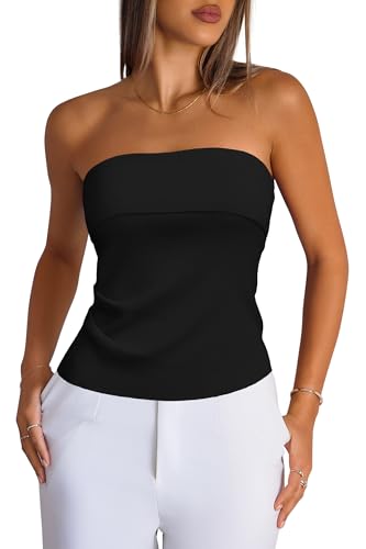 Arach&Cloz Damen Silk Blend Tube Top Sommer Bluse Ruched Trägerloses Bandeau Tank Tops Schulterfrei Oberteil Outfits Schwarz M von Arach&Cloz