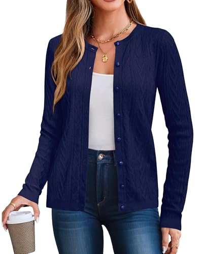 Arach&Cloz Damen Strickjacke Leichte Rundhals Ausschnitt Cardigan Strickweste mit Tasche Marine Blau, L von Arach&Cloz