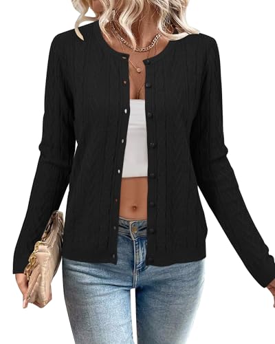 Arach&Cloz Damen Strickjacke Schwarz Leichte Sommer Rundhals Ausschnitt Cardigan Früling Strickweste mit Tasche, L von Arach&Cloz