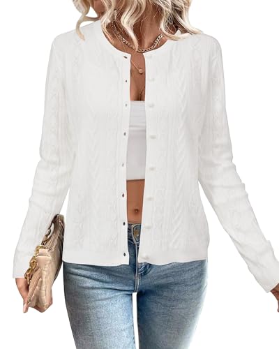 Arach&Cloz Damen Strickjacke Leichte Weiß Rundhals Ausschnitt Cardigan Strickweste mit Tasche, XXL von Arach&Cloz