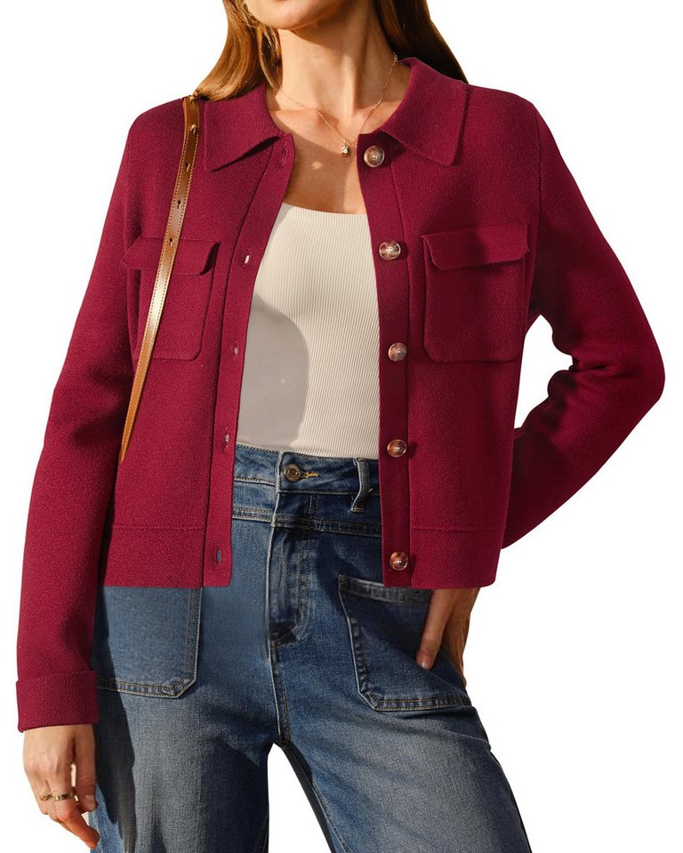 Arach&Cloz Jackett Arach&Cloz Damen Wollmischung Button Down Kurzjacke Jerseysakko Herbstmode Strickjacke Revers Blusenblazer lange Ärmel Wollpullover von Arach&Cloz