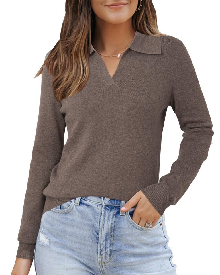Arach&Cloz Poloshirt Arach&Cloz Damen Poloshirts Langarmshir Strickpullover Longpullover V-Shirt aus Wollmischung Herbstpullover Business CasualOutfits von Arach&Cloz