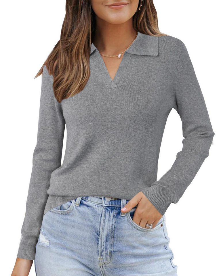 Arach&Cloz Poloshirt Arach&Cloz Damen Poloshirts Langarmshir Strickpullover Longpullover V-Shirt aus Wollmischung Herbstpullover Business CasualOutfits von Arach&Cloz