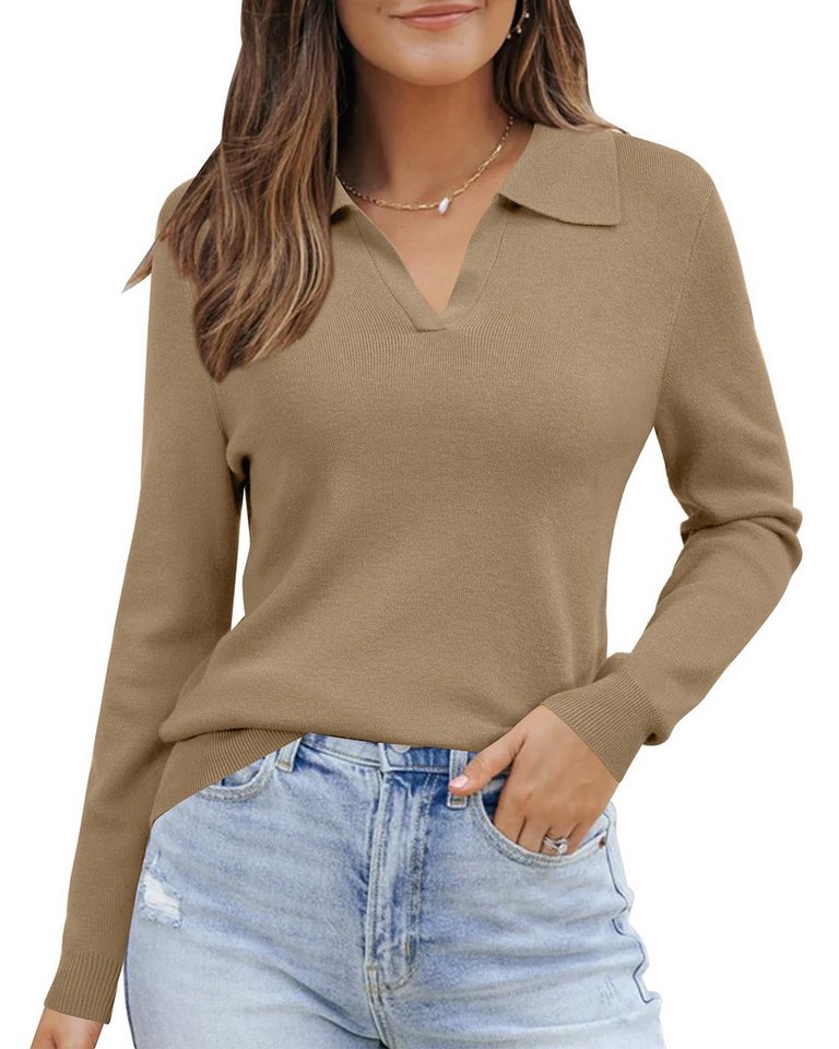 Arach&Cloz Poloshirt Damen Poloshirts Langarmshir Strickpullover Longpullover V-Shirt aus Wollmischung Herbstpullover Business CasualOutfits von Arach&Cloz