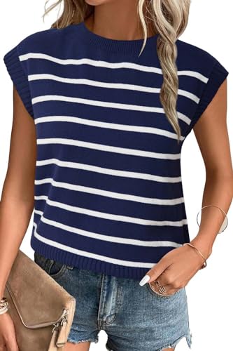 Arach&Cloz Pullover Damen Sommer Ärmellos Weste Pullunder Rundhals Gestrickte Oberteile Streifen Strickpullover Navy von Arach&Cloz