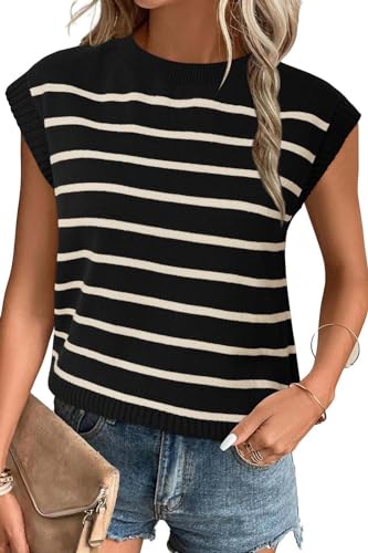 Arach&Cloz Pullover Damen Sommer Ärmellos Weste Pullunder Rundhals Gestrickte Oberteile Streifen Strickpullover Schwarz-Aprikose Arach&Cloz Pullover Damen Sommer Ärmellos Weste Pullunder Rundhals Gestrickte Oberteile Streifen Strickpullover Schwarz-Aprikose von Arach&Cloz