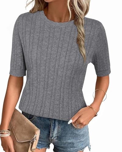 Arach&Cloz Pullover Damen Kurzarm Herbst Winter Herbst Strickpullover Stricken Shirt Casual Rundhals Bluse Tops(Grey,L) von Arach&Cloz