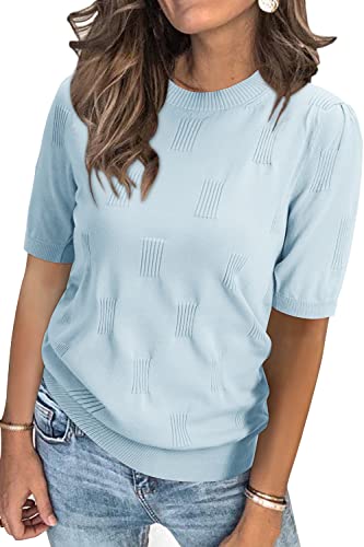 Arach&Cloz Pullover Damen Kurzarm Strickpullover Elegant Rundhals Frühling Sommer Sweatshirt Tops Oberteile Pulli (Light Blue,L) von Arach&Cloz