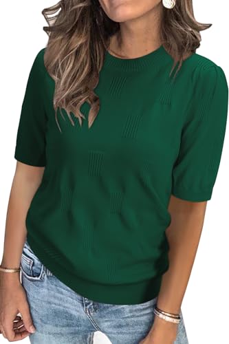 Arach&Cloz Pullover Damen Kurzarm Sommer Herbst Strickpullover Elegant Rundhals Sweatshirt Tops Oberteile Pulli (Green, S) von Arach&Cloz
