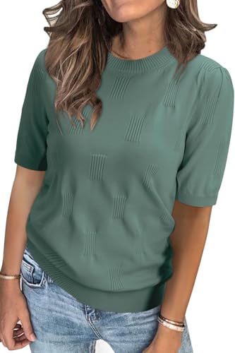 Arach&Cloz Pullover Damen Kurzarm Sommer Herbst Strickpullover Elegant Rundhals Sweatshirt Tops Oberteile Pulli (Grey Green, S) von Arach&Cloz