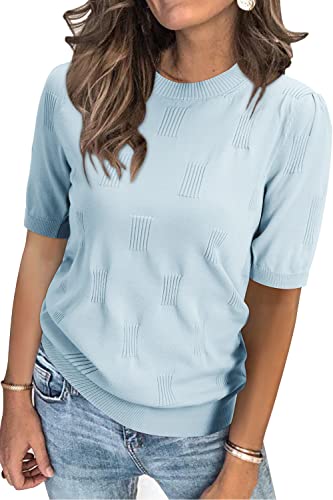 Arach&Cloz Pullover Damen Kurzarm Sommer Herbst Strickpullover Elegant Rundhals Sweatshirt Tops Oberteile Pulli (Light Blue,L) von Arach&Cloz