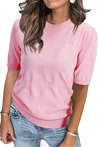Arach&Cloz Pullover Damen Kurzarm Sommer Herbst Strickpullover Elegant Rundhals Sweatshirt Tops Oberteile Pulli (Pink,S) von Arach&Cloz