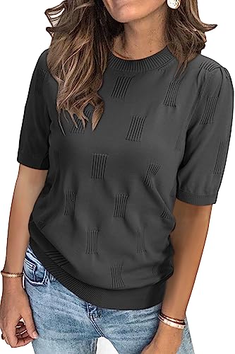 Arach&Cloz Pullover Damen Kurzarm Strickpullover Elegant Rundhals Frühling Sommer Sweatshirt Tops Oberteile Pulli (Dark Grey,L) von Arach&Cloz