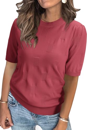 Arach&Cloz Pullover Damen Kurzarm Strickpullover Elegant Rundhals Frühling Sommer Sweatshirt Tops Oberteile Pulli (Dusty Red, XL) von Arach&Cloz