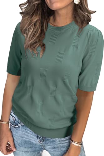 Arach&Cloz Pullover Damen Kurzarm Strickpullover Elegant Rundhals Frühling Sommer Sweatshirt Tops Oberteile Pulli (Grey Green, S) von Arach&Cloz