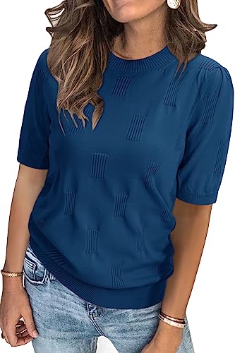 Arach&Cloz Pullover Damen Kurzarm Sommer Herbst Strickpullover Elegant Rundhals Sweatshirt Tops Oberteile Pulli (Lake Blue,S) von Arach&Cloz