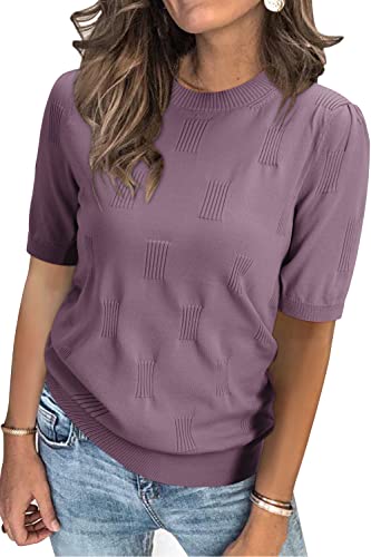 Arach&Cloz Pullover Damen Kurzarm Sommer Herbst Strickpullover Elegant Rundhals Sweatshirt Tops Oberteile Pulli (Grey Purple,L) von Arach&Cloz