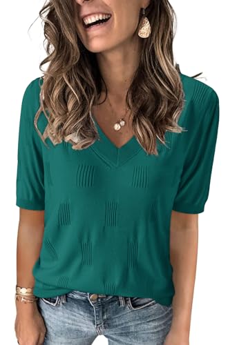 Arach&Cloz Pullover Damen Kurzarm V Ausschnitt Sommer Frühling Bluse Strickpullover Basic Oberteile Strick Tops von Arach&Cloz