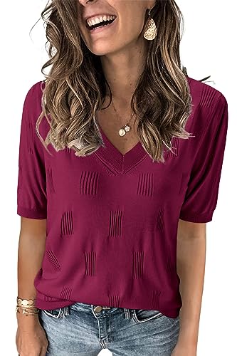 Arach&Cloz Pullover Damen Kurzarm V Ausschnitt Sommer Frühling Bluse Strickpullover Basic Oberteile Strick Tops (Wine, Large) von Arach&Cloz