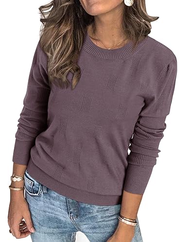 Arach&Cloz Pullover Damen Frühling Herbst Winter Strickpullover Elegant Langarm Tops Rundhals Pulli Sweatshirt (Gray Purple,L) von Arach&Cloz