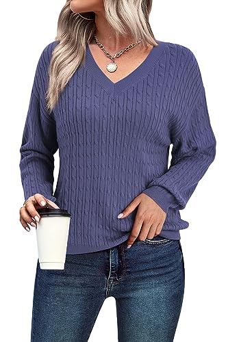 Arach&Cloz Pullover Damen Langarm Strickpullover Herbst Winter V Ausschnitt Tops Casual Oberteile Sweater Pulli (Blue,M) von Arach&Cloz