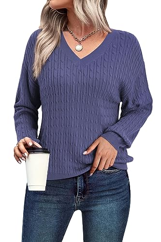 Arach&Cloz Pullover Damen Langarm Strickpullover Herbst Winter V Ausschnitt Tops Casual Oberteile Sweater Pulli (Blue,L) von Arach&Cloz