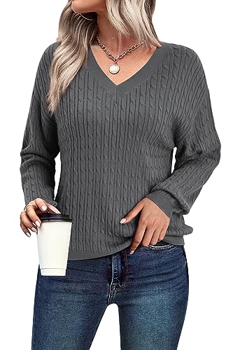 Arach&Cloz Pullover Damen Langarm Strickpullover Herbst Winter V Ausschnitt Tops Casual Oberteile Sweater Pulli (Gray,L) von Arach&Cloz